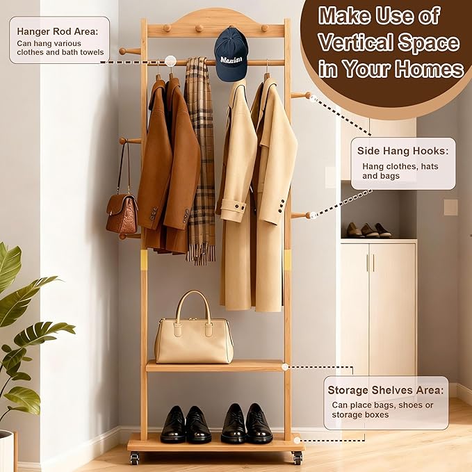 Coat Rack Freestanding Clothing Rack with Wheels - Heavy Duty Clothes Rack with 2 Shelves, Wooden Coat Hanger Stand with 4 Top Hooks & 5 Side Hooks for Entryway Hallway Living Room Office