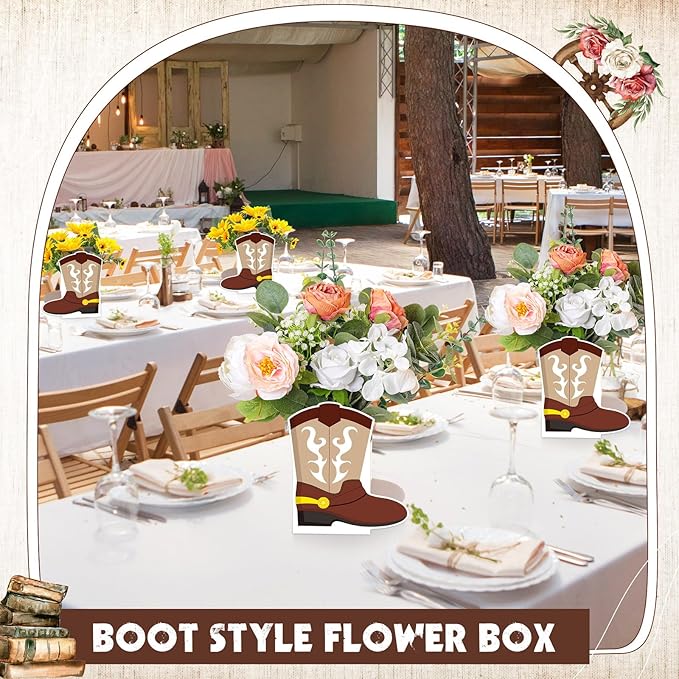 8 Set Western Cowboy Boots Flower Boxes Centerpiece Boot Shape Gift Boxes Western Party Decoration Vase Centerpieces for Table Rodeo Birthday Baby Shower Wedding Supplies(Brown)