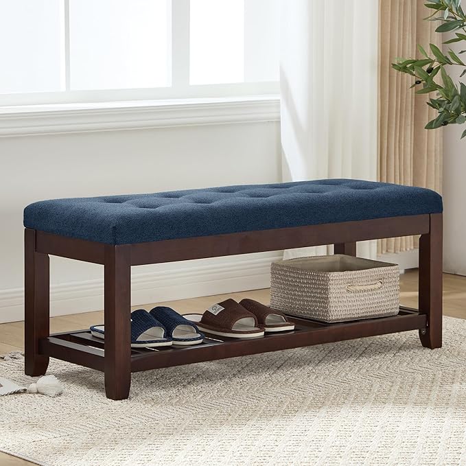 Shoe Bench Entryway, 44" End of Bed Bench,Upholstered Linen Bench for Living Room,Fabric Ottoman Bench with Solid Wood Shelf for Bedroom, Entrance Darkblue