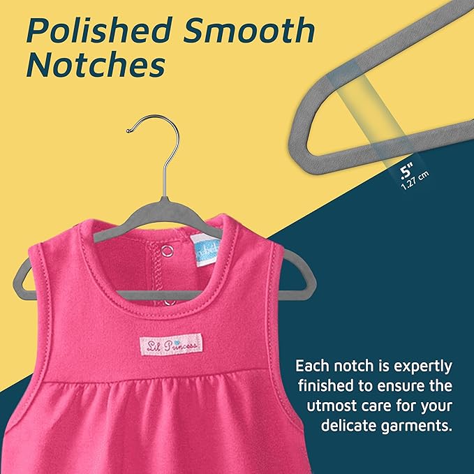 Gray Velvet Kids Hangers 30 Pack, 10.83" Non-Slip Baby & Toddler Hangers for Clothes, Space-Saving Slim ABS Plastic with 360° Swivel Hook & Notched Shoulders, Up to 10 lb Capacity