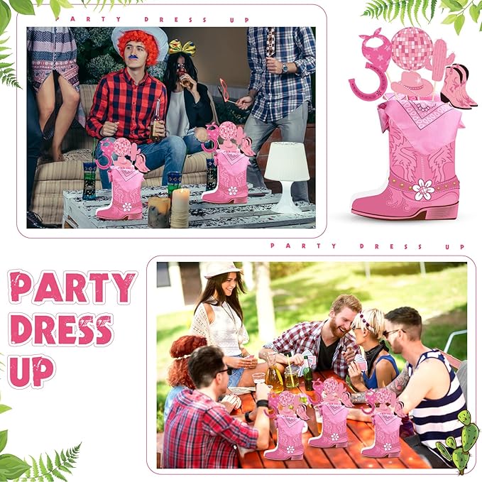 8 Sets 129 Pcs Pink Cowboy Western Party Centerpieces with Cowboy Boots Shaped Box Cutouts and Sticks for Western Party Birthday Decor