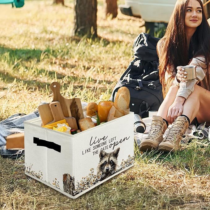 Rustic Raccoon Storage Bins & Boxes with Handles, Farmhouse Raccoon Foldable Basket for Organizing, Live Like Someone Left the Gate Open Collapsible Storage Basket for Bedroom Bathroom Clothes
