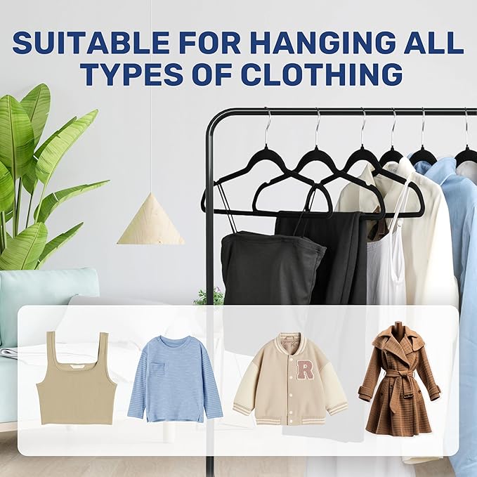 YSSOA Velvet Hangers 50 Pack, Heavy Duty Non-Slip Clothes Hangers with Shoulder Notches, 360° Swivel Hooks, Black