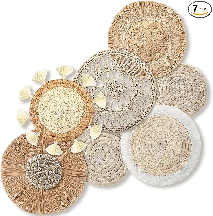 CroBlissful 7 Pcs Boho Wall Basket Decor Hanging Handcrafted Seagrass Woven Round Bohemian Basket Wall Decoration Art for Farmhouse Home Room Rustic Decorations Table, Multi Sizes(Vintage)
