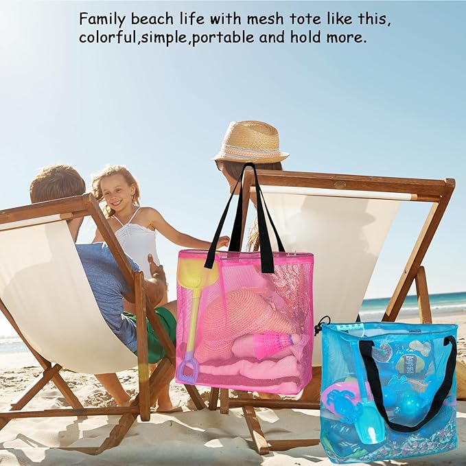 Reusable 4Pack Colorful Mesh Beach Tote Bags,Mesh Shopping Bag With Drawstring For Travel,Toys,Gift Or Laundry … …