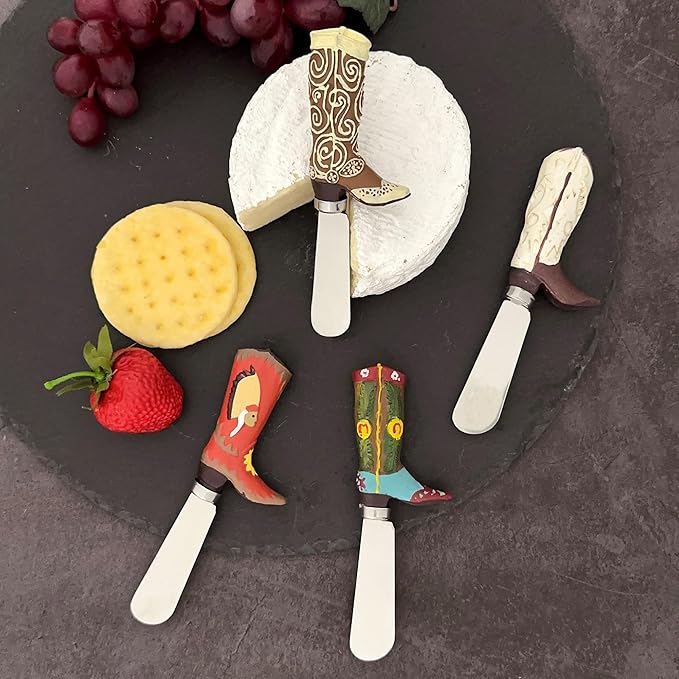 Supreme Housewares Western Cowboy Boot Cheese Spreaders, Hand-Painted Resin Handles with Stainless Steel Blades for Spreading Cream Cheese, Butter, and Jam, Assorted Designs, Set of 4