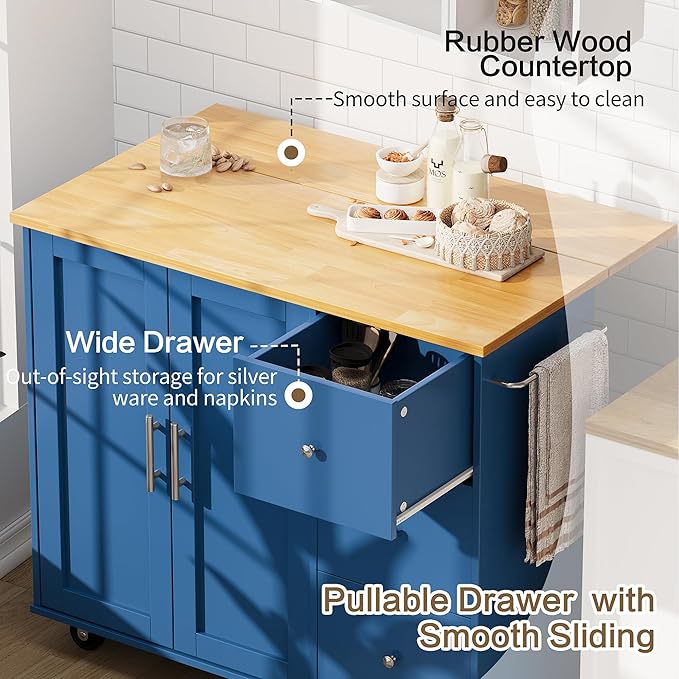 SUNLEI Kitchen Island on Wheels with Storage Cabinet & Foldable Drop Leaf, Rolling Kitchen Table, Cart Handle for Towel Rack, Drop Leaf, Portable Islands for Kitchen (Classic Blue, 39.7-INCH)