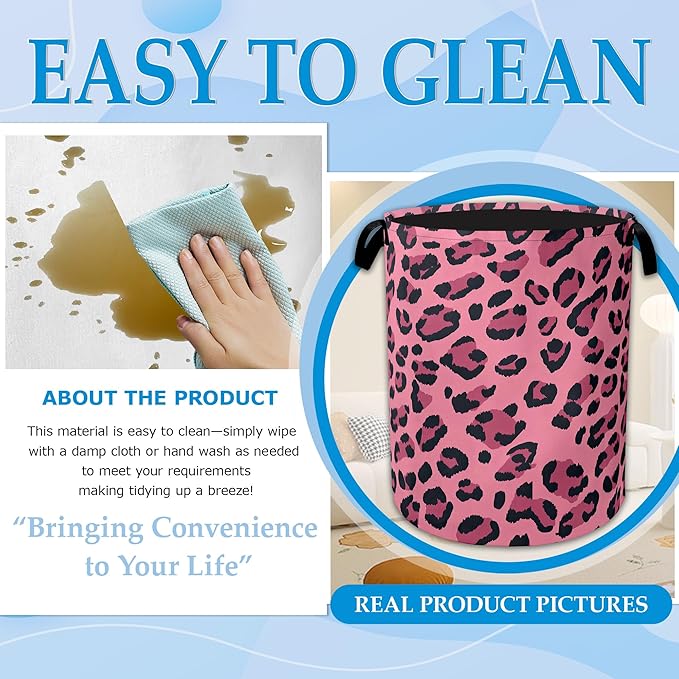 Pink Leopard Laundry Basket Collapsible Laundry Hamper Clothes Toy Storage Bin for Bathroom Bedroom Room Decor 16" X 20.8"