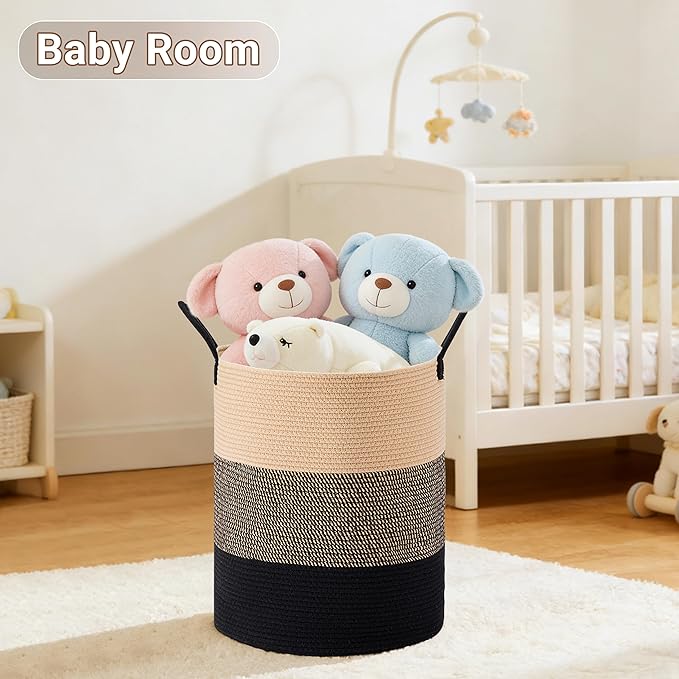 Tall Laundry Basket with Handles, 100L Portable Dirty Clothes Hamper, Boho Cotton Rope Storage Bin for Blankets Kids Toys, Extra Large Organizer for Nursery Bedroom Bathroom, Brown & Black