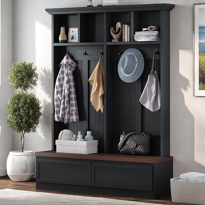 Merax Farmhouse Wood Hall Tree with Bench and Storage Drawers, 4-in-1 Coat Rack with 6 Hooks for Entrance, Hallway Black