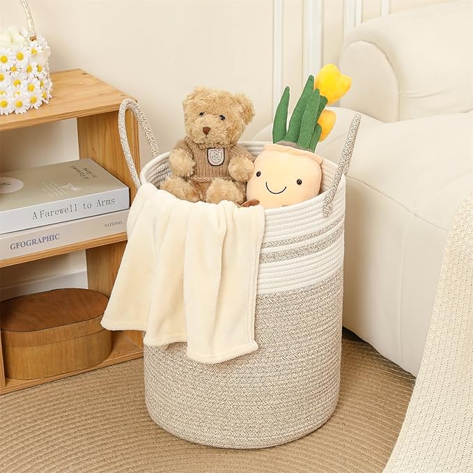 60L Large Woven Laundry Basket Hamper, 100% Natural Cotton Rope, Handwoven & Durable, Storage for Blankets, Toys, Clothes, Nursery Hamper for Living Room, Baby Room (Brown with White)