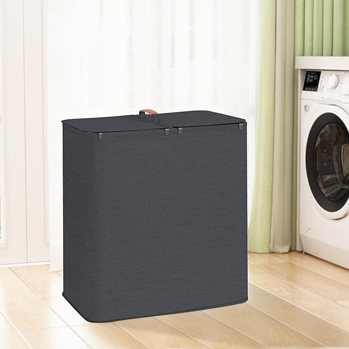 STORAGE MANIAC Double Laundry Hamper, 136L Laundry Sorter with Lid and Removable Bags, Clothes Hamper, Large 2 Section Clothes Basket with Handles for Small Space, Dorm, Closet, Bathroom, Black