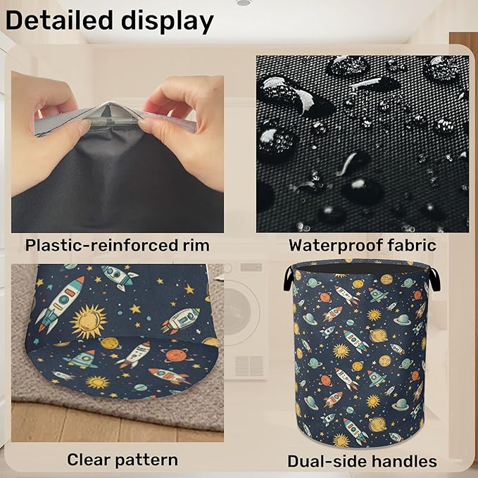 Cartoon Planet Space Foldable Canvas Laundry Basket with Handles - Toy Organizer, Heavy Duty for Home，Bedroom, Dorm, Bathroom