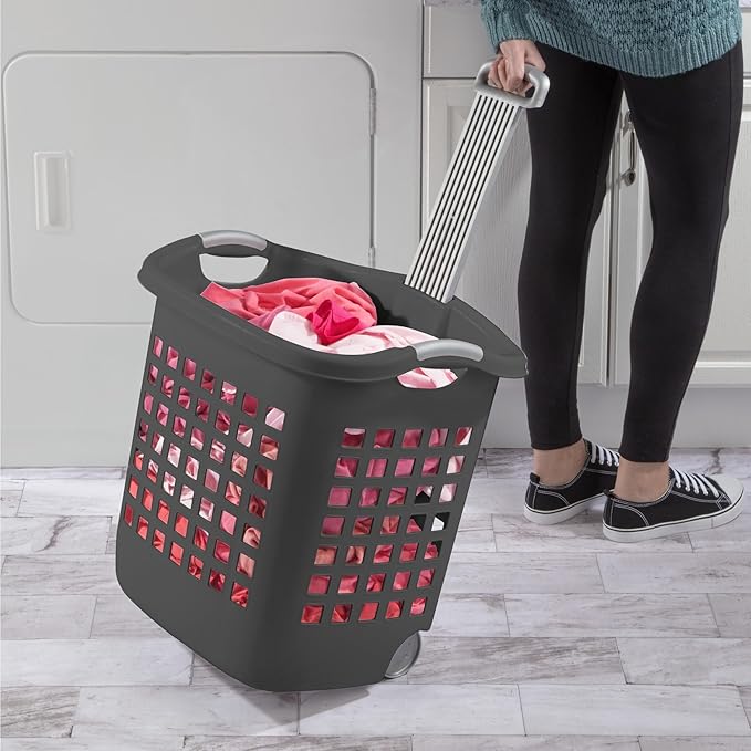 Sterilite 4 Pack Ultra Wheeled Laundry Basket, Plastic Clothes Hamper Bin with Wheels and Retractable Handle, 1.7 Bushel Capacity, Flat Grey