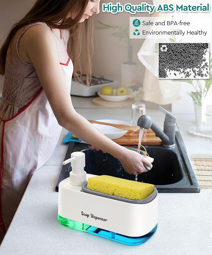 Kitchen Dish Soap Dispenser Set，Dish and Hand Soap Dispenser with Sponge Holder, 3-in-1 Countertop Sponge Dual Soap Pump Dispenser for Kitchen Sink - White
