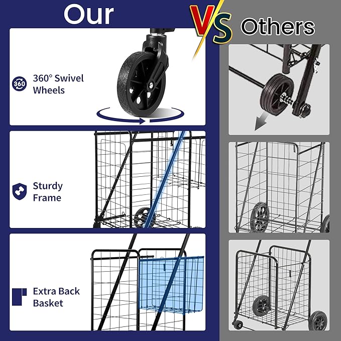 Folding Shopping Cart, Grocery Cart, 200 Lb Capacity, Utility Cart with 360° Rolling Swivel Wheels, Medium & Extra Basket