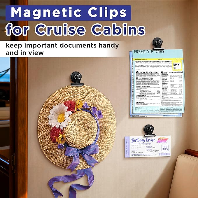 40lbs+ Magnetic Hooks and Clips Set for Cruise Cabins, 12 Pack Cruise Magnetic Organizer for Hanging Clothes, Hats, Lanyards, Daily Schedules - Cruise Essentials, Magnetic Hanger for Classroom, Fridge