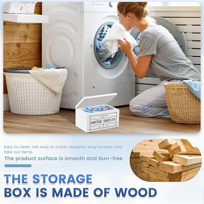 Dryer Sheet Holder and Lid, Dryer Sheet Container, Laundry Pods Dispenser, Rustic Farmhouse Dispenser Laundry Room Decor Accessories, 7.9x4.9x4.3in (White)