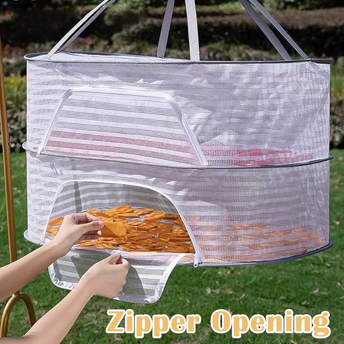 Foldable Drying Rack Basket Dryer Net Hanging Mesh Net with Zippers for Fruits,Seeds,Vegetables,Fish or Clothes,Doll (2 Layer)