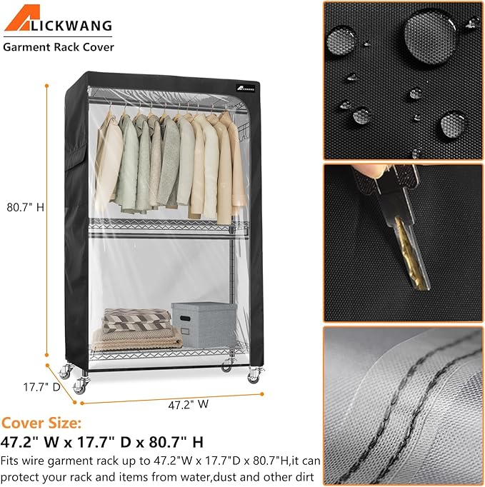 Garment Rack Cover,Heavy Duty 600D Durable Dustproof Waterproof Clothing Rack Covers with Zipper,47.2"W x 17.7"D x 80.7"H Clear Front Clothes Rack Covers (Cover Only)