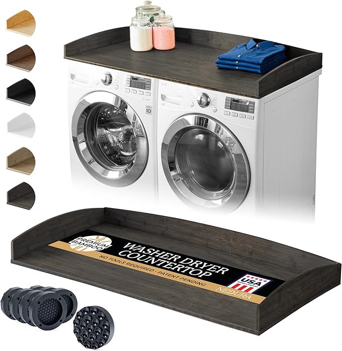Nedura Washer Dryer Countertop w/Anti-Vibration Pads & Curved Edge Rails, Premium Bamboo Laundry Countertop, Washer Dryer Topper, Laundry Room Organization, Laundry Room Accessory - Espresso
