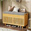 Shoe Storage Bench, Bamboo Entryway Bench with 2 Doors & Padded Seat Cushion, 35.4" W x 12.6" D x 19.7" H, 2-Tier Shoe Rack with Lift Top Hidden Storage, for Entryway, Living Room, Bedroom, Natural