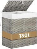 Wicker Laundry Hamper with Lid,34 Gal(130 L) Rattan Laundry Basket 2 Sections with Lid, Removable Machine Washable Line, Large Clothes Hamper with Handles for Bathroom Bedroom, Gray