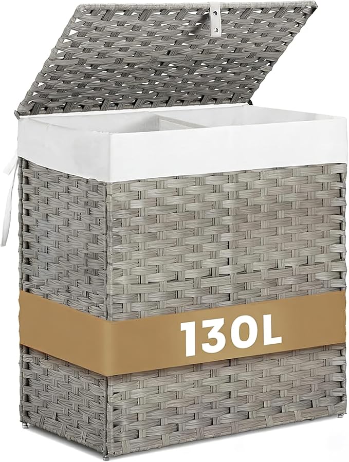 Wicker Laundry Hamper with Lid,34 Gal(130 L) Rattan Laundry Basket 2 Sections with Lid, Removable Machine Washable Line, Large Clothes Hamper with Handles for Bathroom Bedroom, Gray