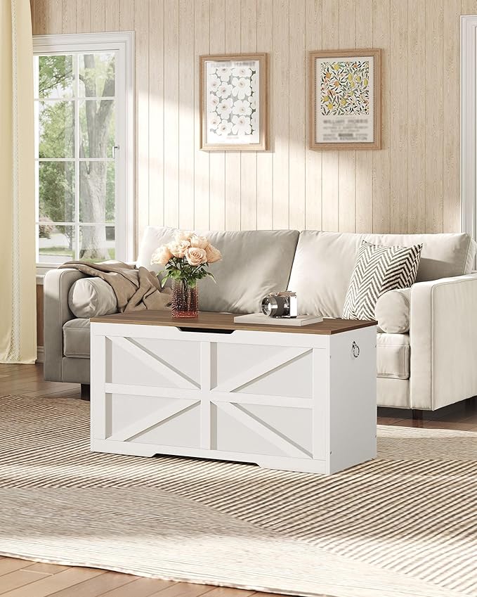 Storage Chest, 39.4" Toy Chest, Modern Storage Bench with Safety Hinge, Toy Box, Farmhouse Style, for Bedroom, Living Room, Walnut and White MCW10WL