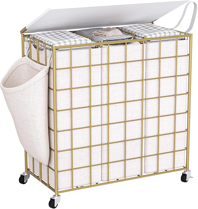 Laundry Basket with Wheels, Heavy Duty Laundry Sorter 3 Sections, 140L (37Gal.) Large Capacity Laundry Hamper with Wood Lid, 360 Rolling Wheels, Extra Side Pocket, Leather Pull Handle, Golden+Beige