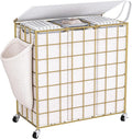 Laundry Basket with Wheels, Heavy Duty Laundry Sorter 3 Sections, 140L (37Gal.) Large Capacity Laundry Hamper with Wood Lid, 360 Rolling Wheels, Extra Side Pocket, Leather Pull Handle, Golden+Beige