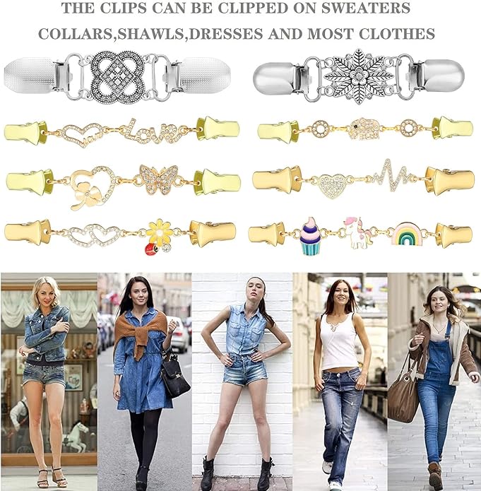 Vintage Sweater Clips Shawl Dresses Shirt Clips Retro Cardigan Collar Chain Clips Brooch Pins for Women