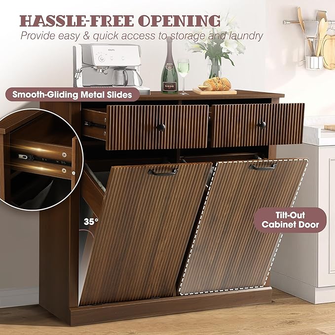 Modern Double Tilt Out Laundry Hamper Cabinet, Fluted Hidden 22 Gallon Garbage Cabinet with Laundry Storage Baskets, Wooden Trash Can Cabinets with Drawers (Brown, 13"D x 39"W x 36"H (Full))