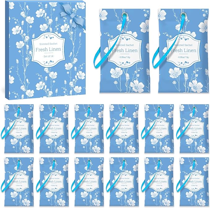 SCENTORINI Scented Sachets for Drawers and Closets, Fresh Linen Scent 14 Pack, Sachets Bags, Closet Freshener Sachet for Wardrobe, Cupboard, Luggage, Handbag, Suitcases
