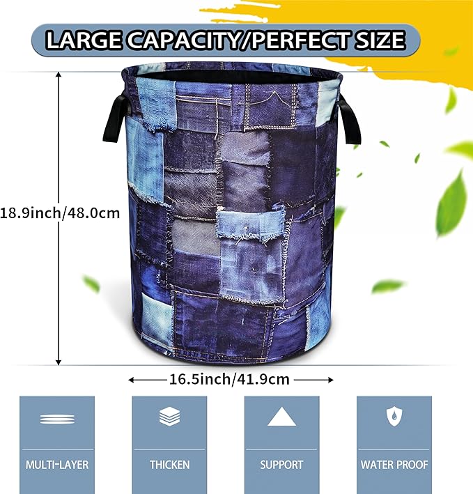 Blue Denim Pattern Laundry Basket Patchwork Design Foldable Oxford Cloth Funny Tote Bag Laundry Hamper Clothes Storage Bucket Toy Organizer For Bathroom/Laundry Storage/Bedroom 18.9x16.5 In