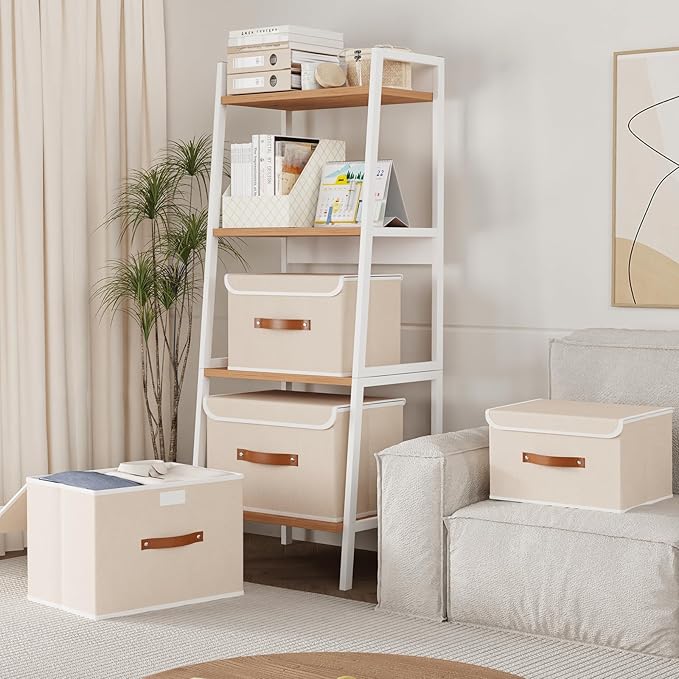Yawinhe Collapsible Storage Boxes, Linen Fabric Baskets, Bin with lid and Leather Handle, Washable, for Home, Closet, Beige, 15.0''Lx9.8''Wx9.8''H, 3-Pack, USNK024BEL-3