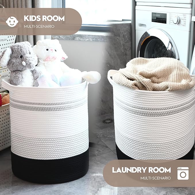 Sea Team Large Size Cotton Rope Woven Storage Basket with Handles, Laundry Hamper, Fabric Bucket, Drum, Clothes Blankets Organizer for Kid's Room, 18 x 20 inches, Round Open Design, White & Black