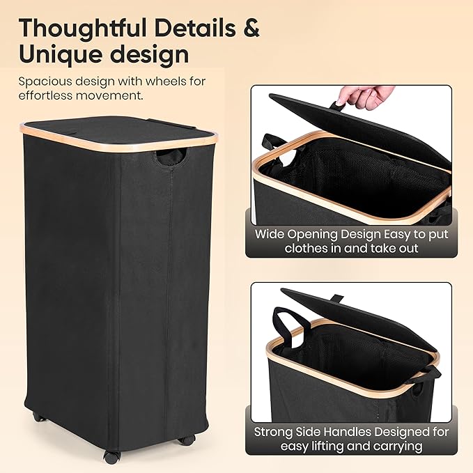 Laundry basket with Wheels | 26 Gal (100L) Laundry Hamper with Wheels and Lid | Covered laundry hamper | Bedroom hamper | clothes hamper-black