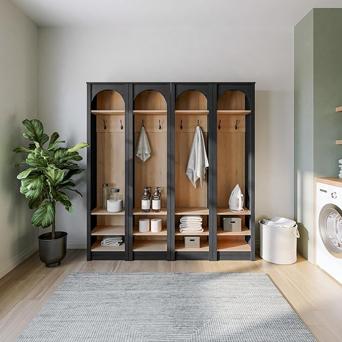 Prepac Ark 76" Tall Arched Entryway Coat Rack in Black Oak with Natural Oak Interior, Hall Tree with 2 Adjustable Shelves, Modern Furniture for Entryway and Living Room, 13.25" D x 18" W x 76" H
