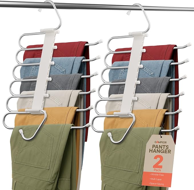 Space Saving Pants Hangers 2 Pack, 6 Layer Jeans Hangers and Closet Organizer for Jeans, Scarves, & Skirts, Multi-Layer Hanger with Anti-Slip Stopper, Heavy-Duty S-Type Stainless Steel, White