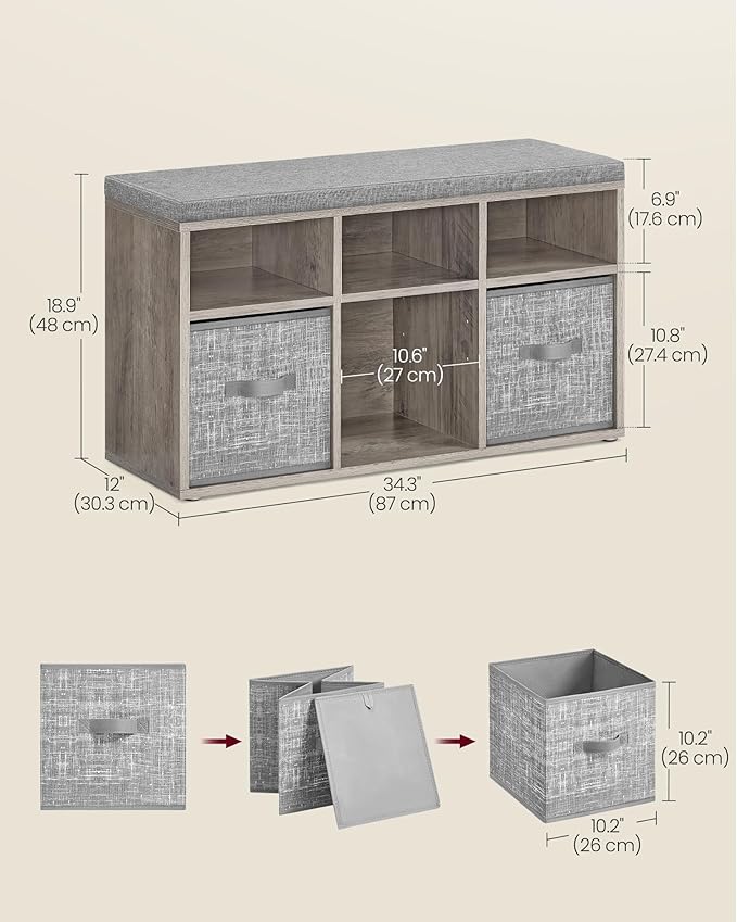 VASAGLE Shoe Bench with Cushion, Shoe Storage Bench with 6 Compartments and 3 Adjustable Shelves, Entryway Bench with 3 Storage Boxes, for Bedroom, Closet, Living Room, Heather Greige ULSB101K01