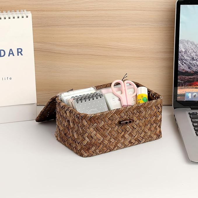 Handwoven Seagrass Basket Wicker Shelf Basket with Lid Rectangular Multipurpose Desktop Organizer Bin for Key Remote Control, Small,7.0" x 4.3" x 3.3"
