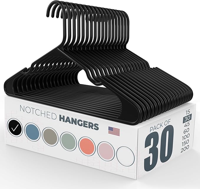 Neaties Plastic Hangers 30 Pack – Made in The USA – 6lb Capacity Standard Clothes Hangers with Notches and Reinforced Edges for Dresses, Lingerie, Shirts, Pants, and Jackets – Black