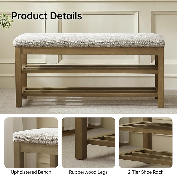VKNOW Entryway Bench, 44.3” Upholstered Shoe Bench for Bedroom, 2-Tier Storage End of Bed Bench with Rubberwood Legs for Living Room, Hallway, Brown