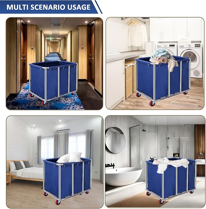 Commercial Laundry Cart with Wheels,11.35 Bushel Large Industrial Laundry Hamper,Industrial Laundry Cart with Stainless Steel Frame and Waterproof Oxford Cloth,440Lbs