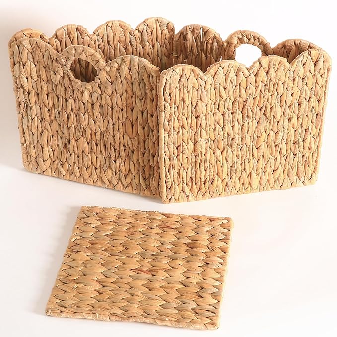 Scalloped Wicker Storage Cubes Basket, 12”x12“ Heavy Duty Paper rope/Hyacinth/Seagrass Baskets for Shelves, Foldable Natural Boho Square Bins (Water Hyacinth, 12 x 12 x 12in, 4-Pack)