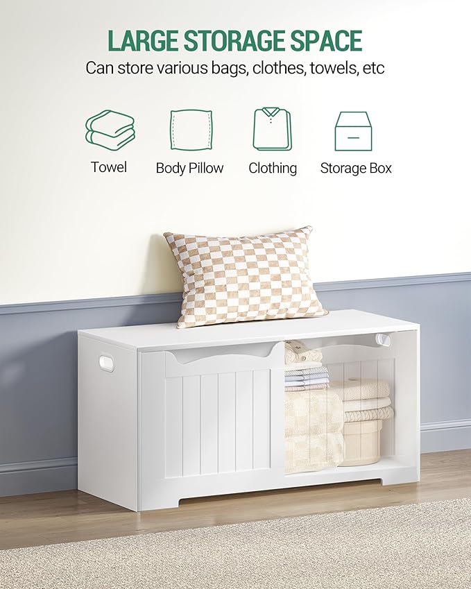 39.4" Storage Chest, Storage Bench Trunk with 2 Hinges, Wooden Box, Lift-Top Chest Organizer, Shoe Bench for Entryway, Bedroom, Living Room, White 01003XSB