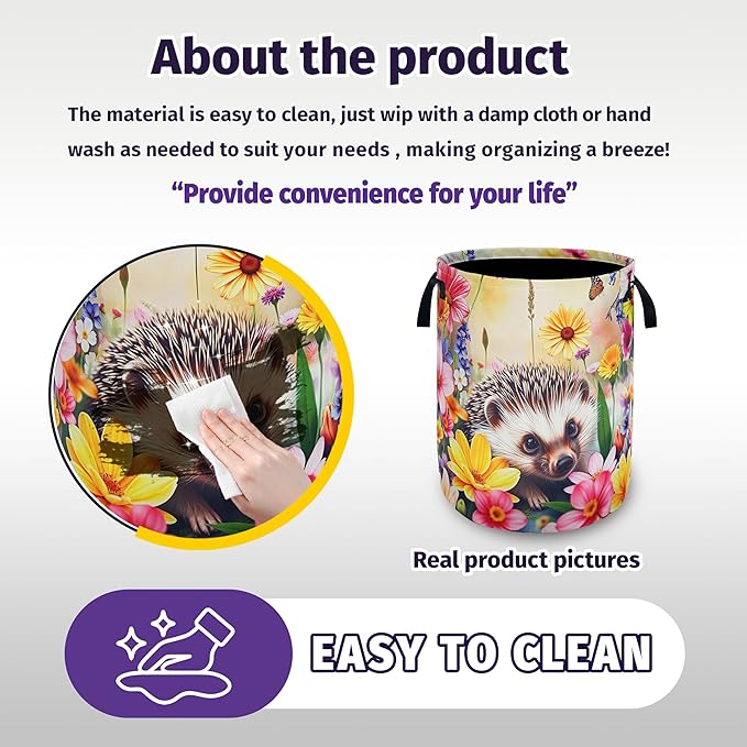 Hedgehog Laundry Basket Oxford Cloth 18.9H x 16.5Dia Foldable with Reinforced Handle Portable Colorful Flowers Storage Organizer for Home Laundry/Bedroom/Kids Room