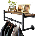 WEBI Wall Mounted Clothes Rack with Shelf,24" Industrial Pipe Clothing Rack with Shelves,Heavy Duty Iron Garment Bar,Retail Display Clothes Rod for Laundry Room,Black