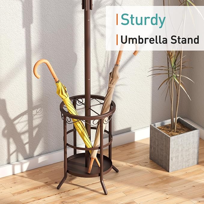 Coat Rack with Umbrella Holder, Metal Coat Rack Stand with 12 Hooks, for Entryway, Hallway, Living Room, Bedroom